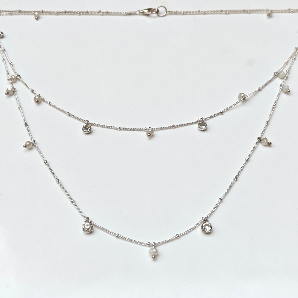 Silver Tone Layered Station Necklace with Crystals and Faceted Beads 26 Inch